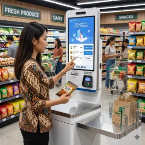 OEM interactive self-service kiosk streamlining automated checkout for specialty stores and boutiques.