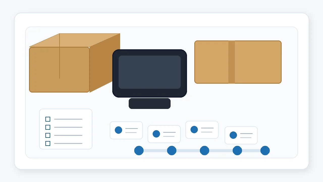 POS hardware pilot order packing and follow-up illustration with cartons accessories and checklist