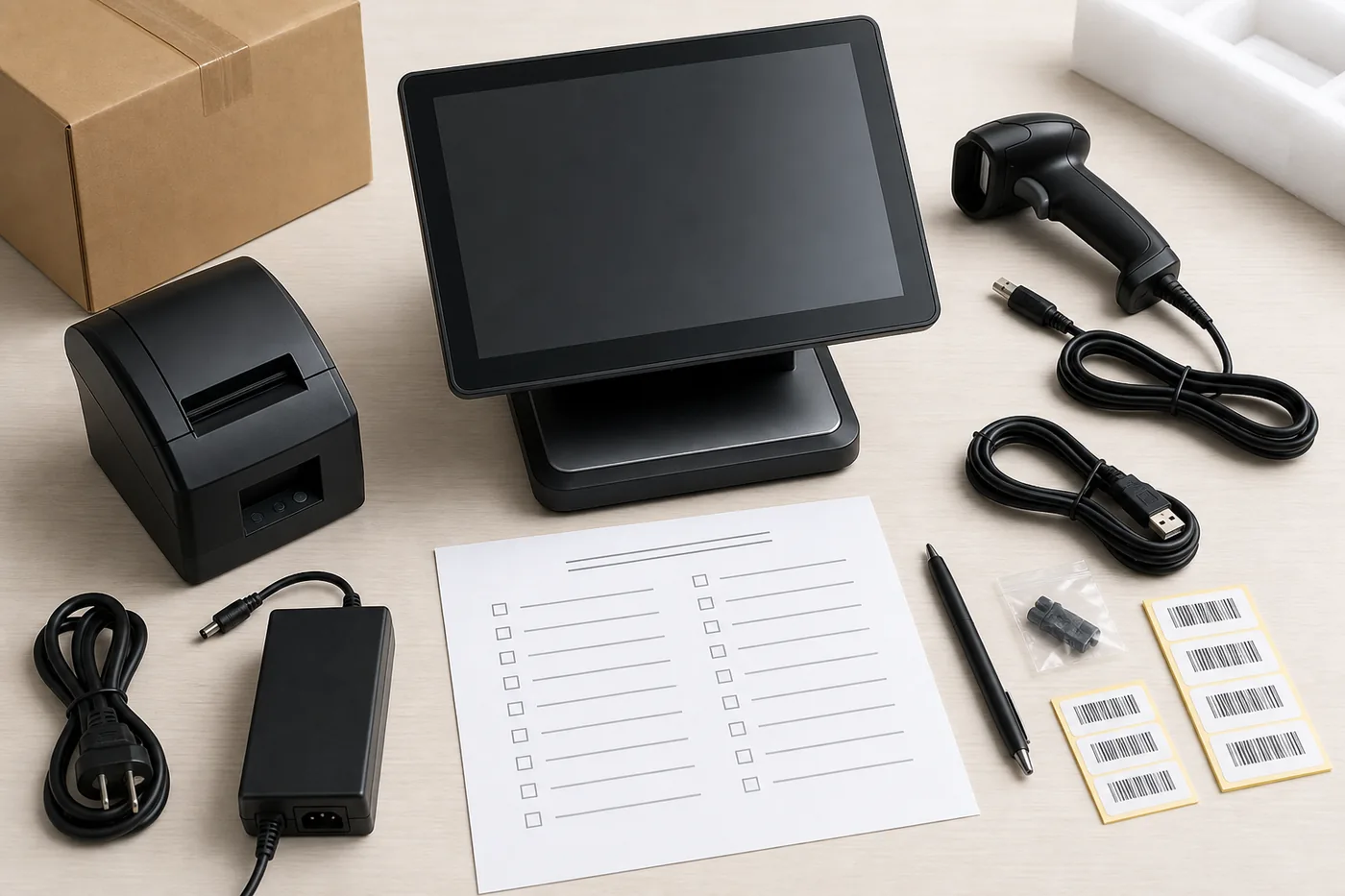 POS hardware sample checklist with accessories cables scanner printer and packaging