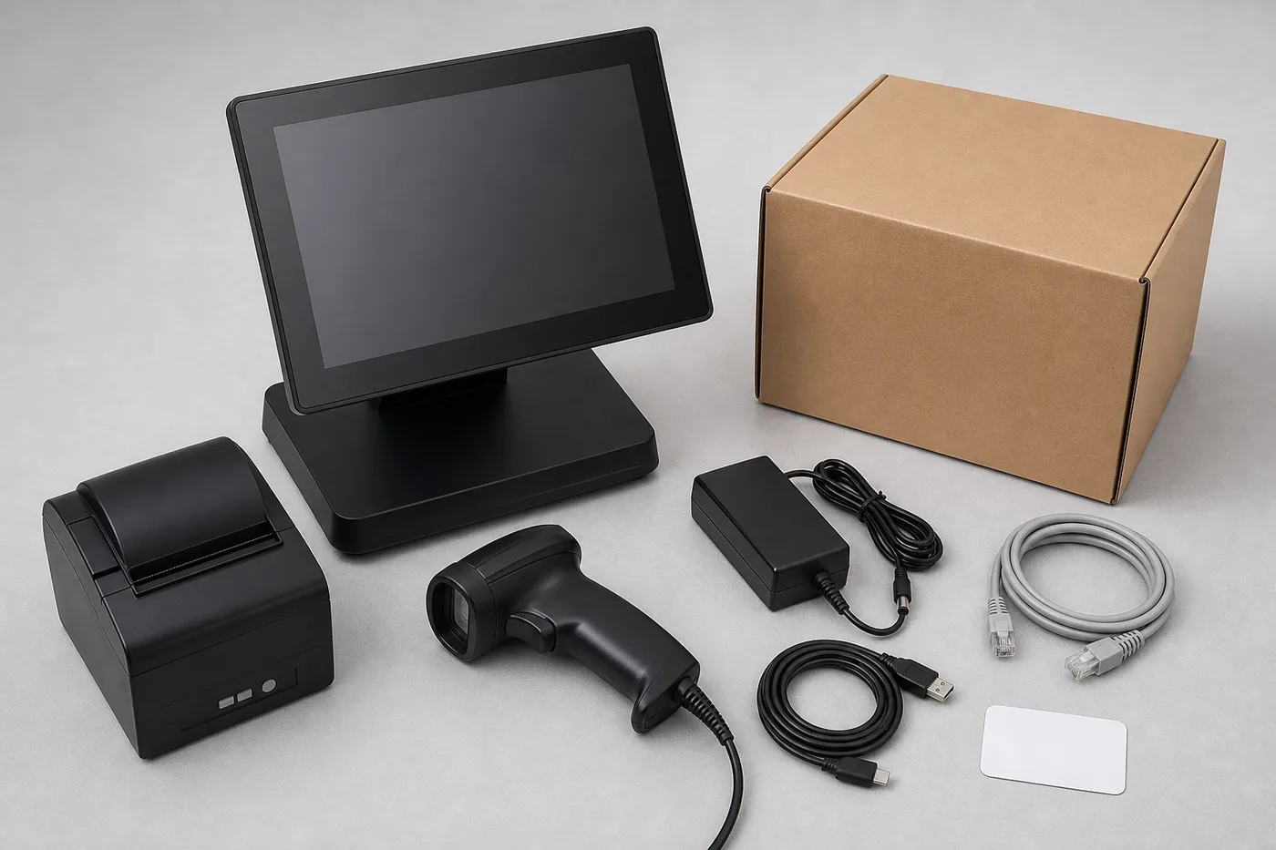 POS hardware sample packing kit with terminal printer scanner cables power adapter and carton