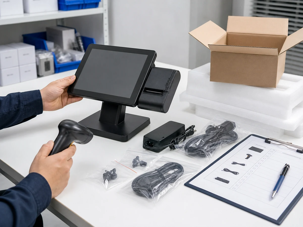 POS hardware sample accessory checklist with terminal scanner cables and packing box