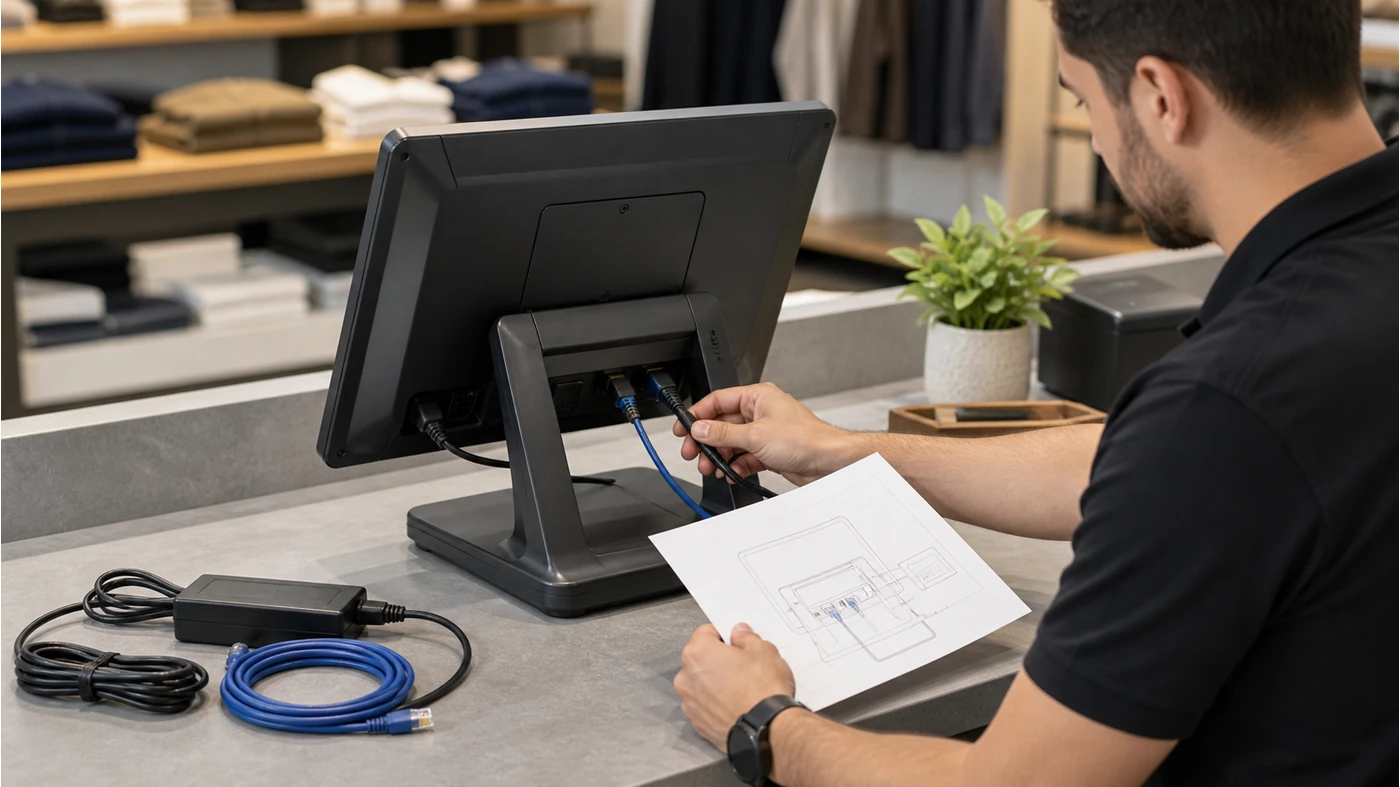 Illustrative retail countertop POS deployment plan showing ports cables and peripheral positions