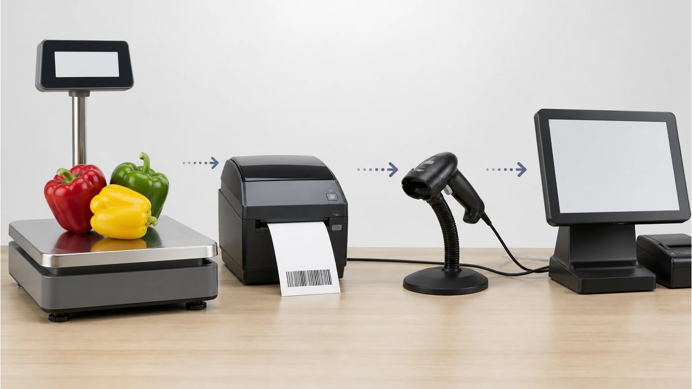 Illustrative grocery weighing scale label and POS data flow for integration review