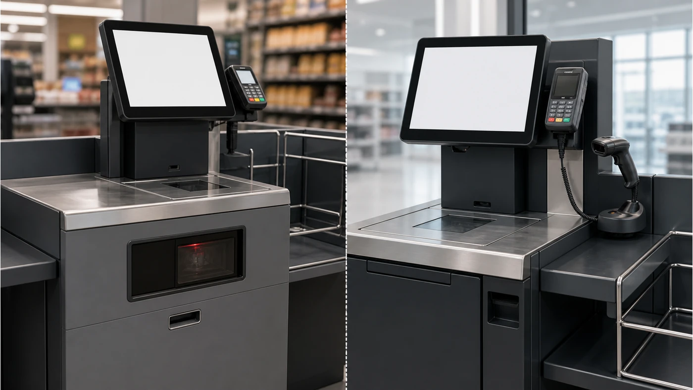 Illustrative self-checkout scanner comparison showing fixed window and handheld presentation workflows