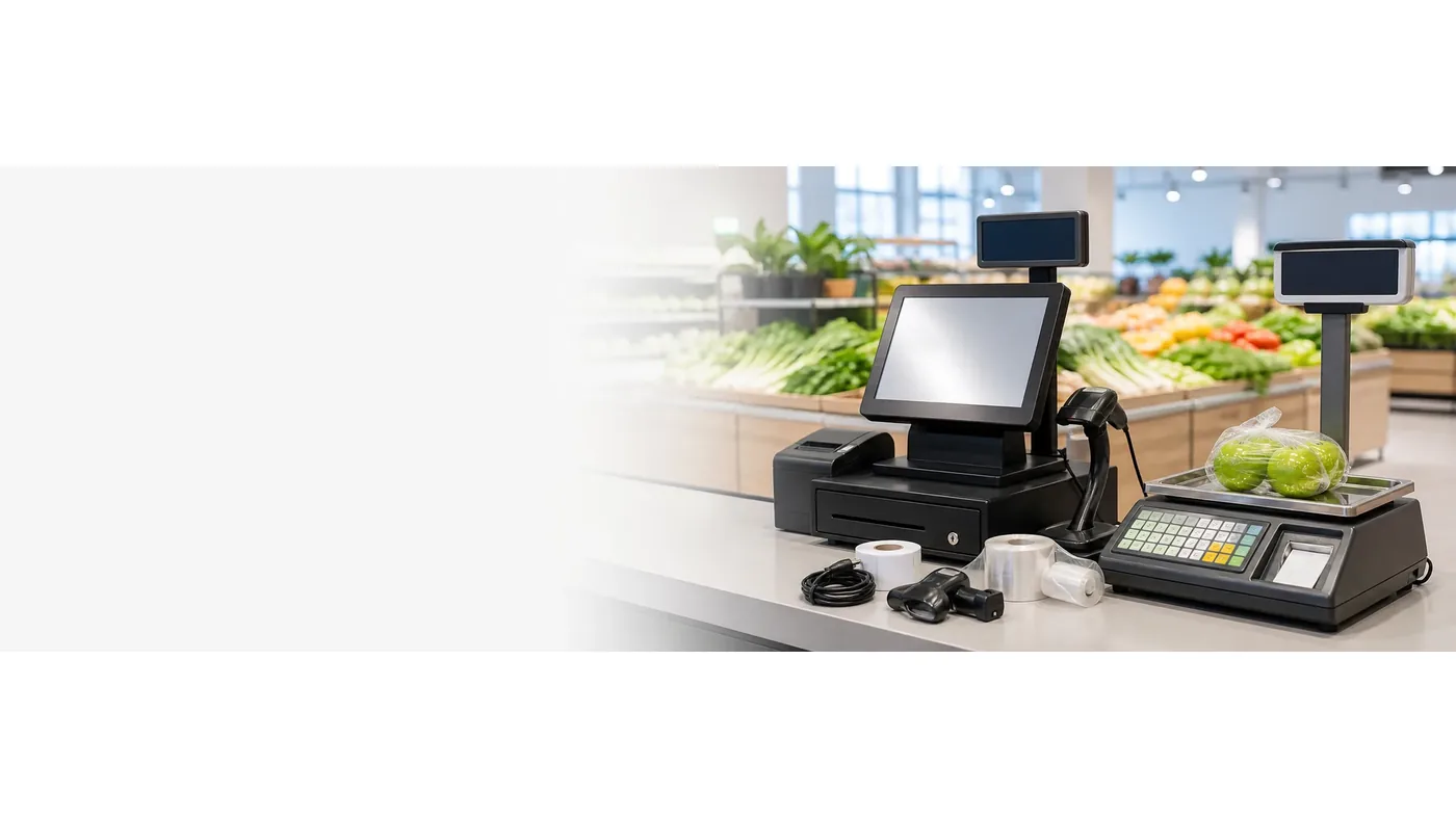 Grocery POS terminal, scanner, printer and weighing scale setup