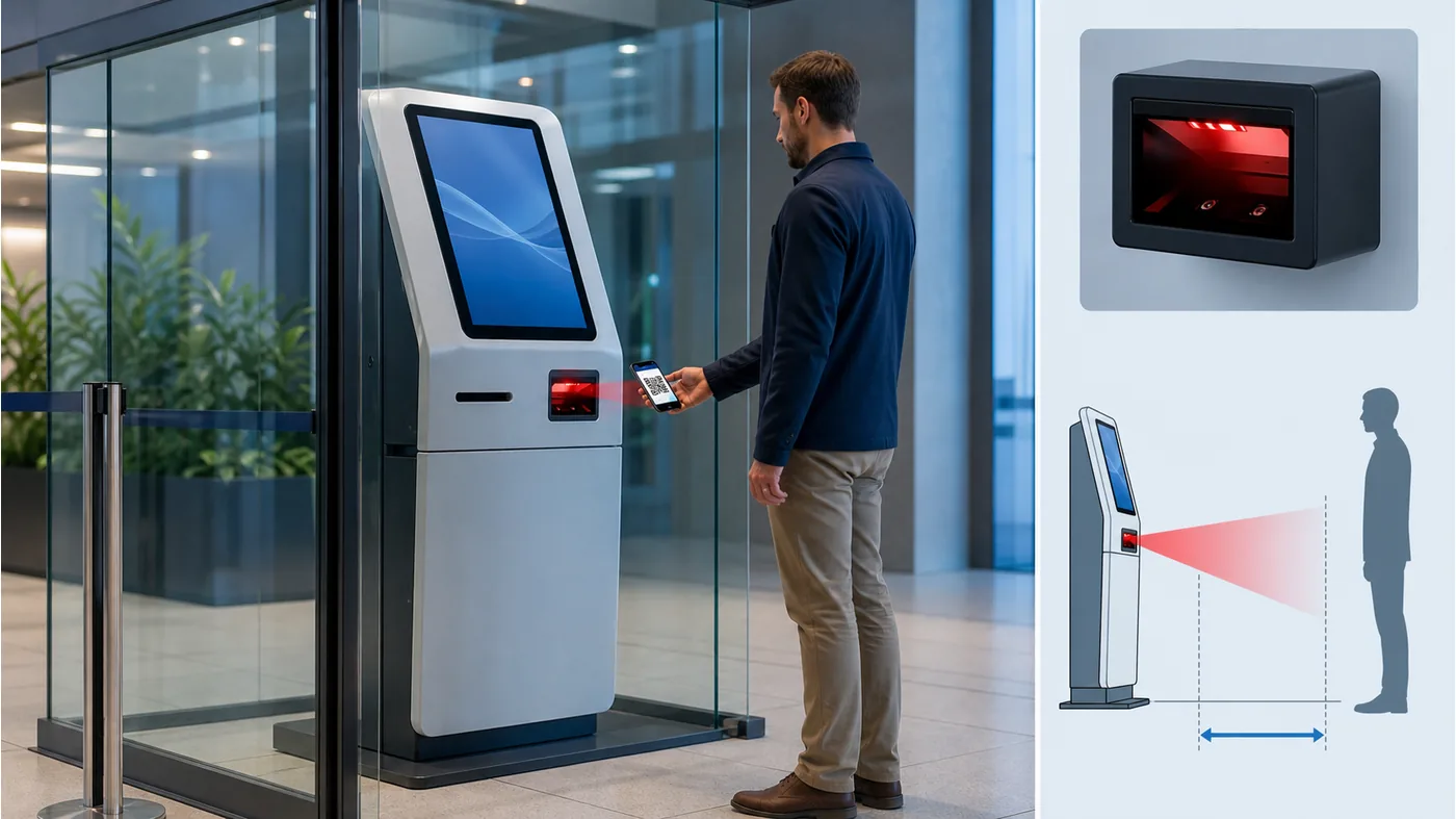 Illustrative kiosk barcode scanner integration planning scene showing a scanner window and test workflow